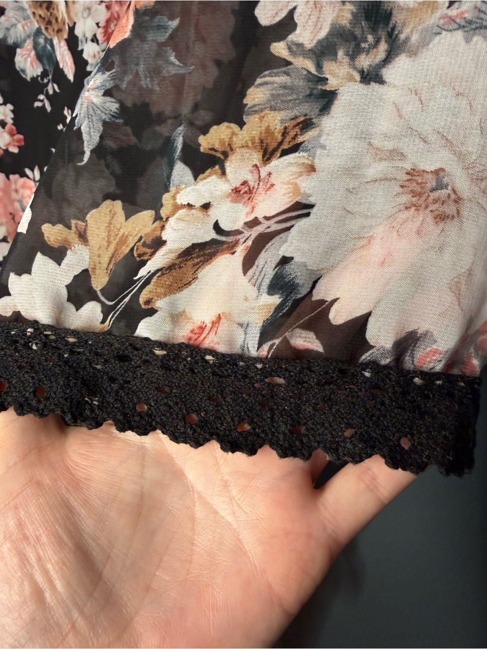 Black Floral Chiffon Kimono Cardigan | Lace Trim Open Front Boho Cover-Up - Picture 6 of 7